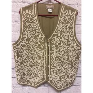 New Direction Vintage Olive Tan Cream Embroidered Women's Vest 100% Cotton SZ LG